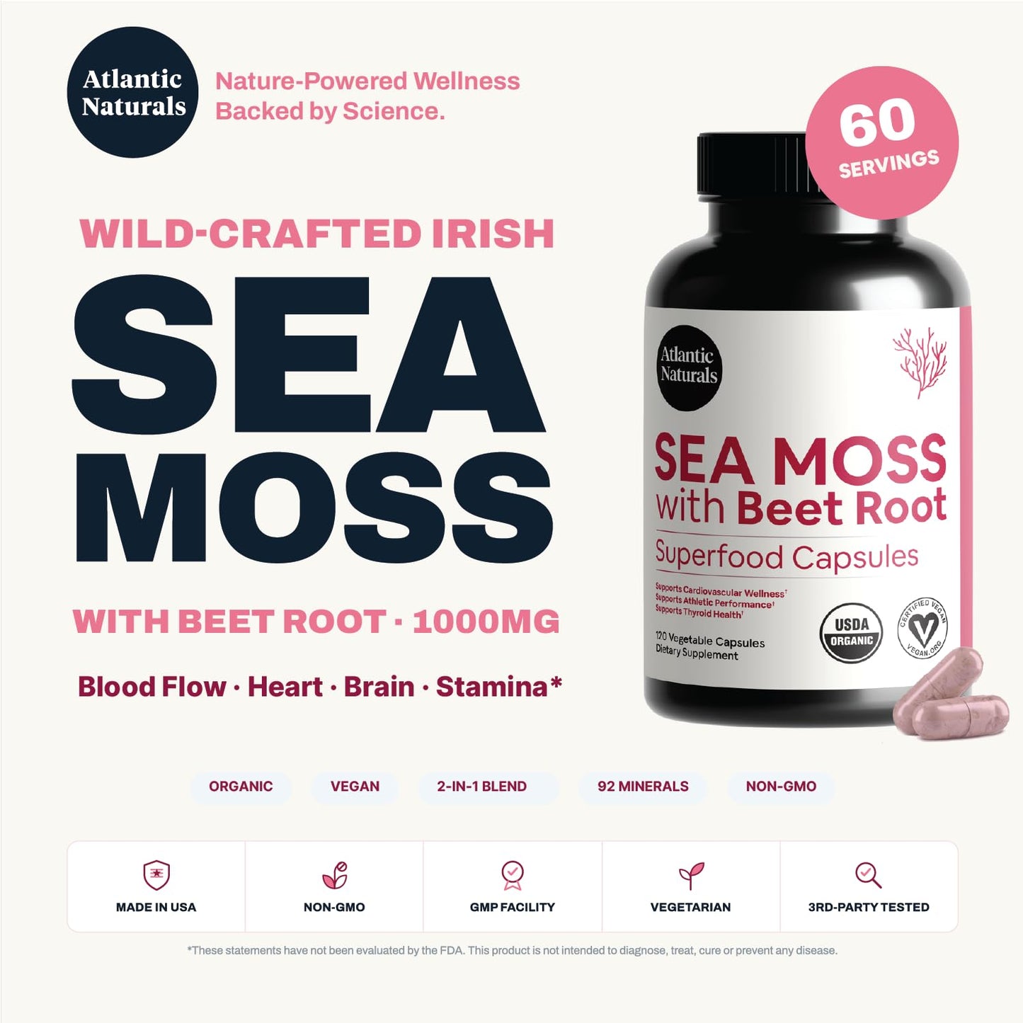 Atlantic Naturals Sea Moss with Beet Root Capsules, 120 Capsules