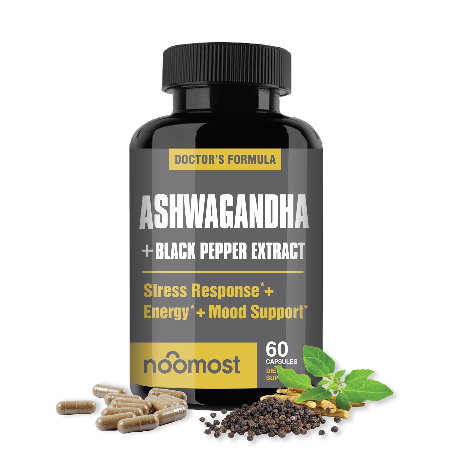 NooMost Organic Ashwagandha 400mg Capsules with Black Pepper Extract, Vegan Ashwagandha for Stress Relief, Mood Support, Energy & Focus, 60 Capsules