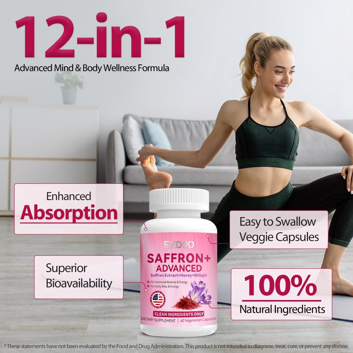 exdoo Saffron Supplements Pure Saffron Extract Capsules 60 Count