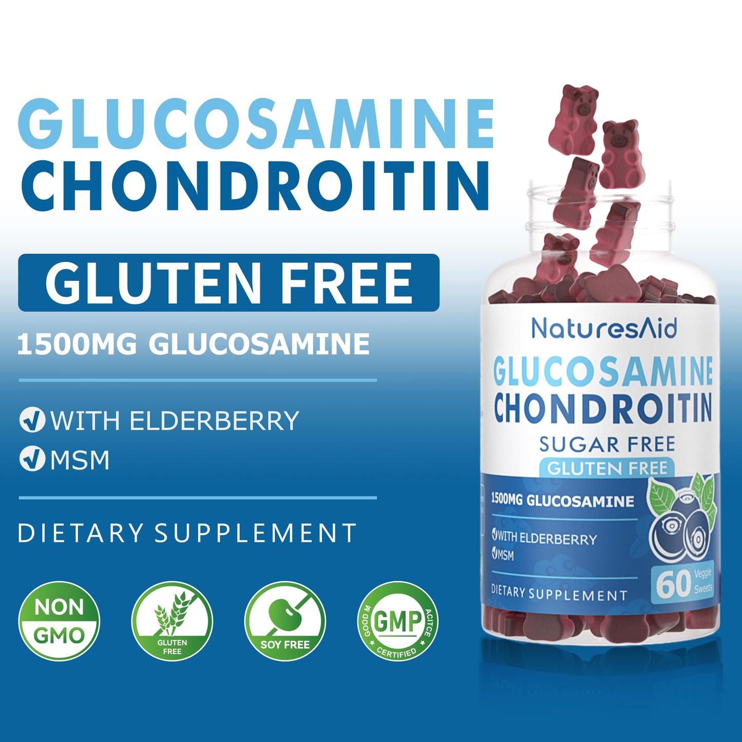 Natures Aid Glucosamine Chondroitin Gummies with MSM & Elderberry Extra Strength - Joint Support, Antioxidant Immune Support, 120 Count