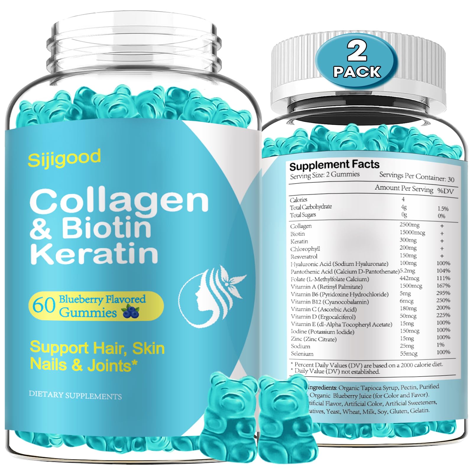 Sijigood Biotin Gummies with Collagen, Keratin, Hyaluronic Acid, Vitamin for Skin, Hair Growth, Nails, Women Men Adults Kids, Blueberry Flavored, 120 Gummies
