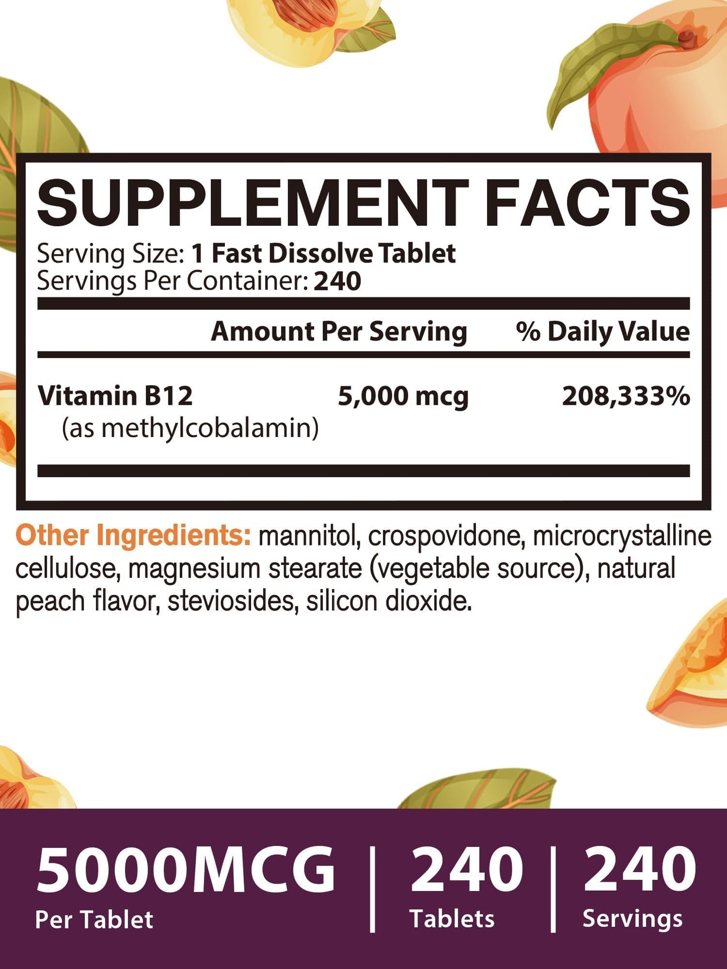 Vitacook Vitamin B12 Sublingual Methylcobalamin 5000mcg Tablets 240 Count