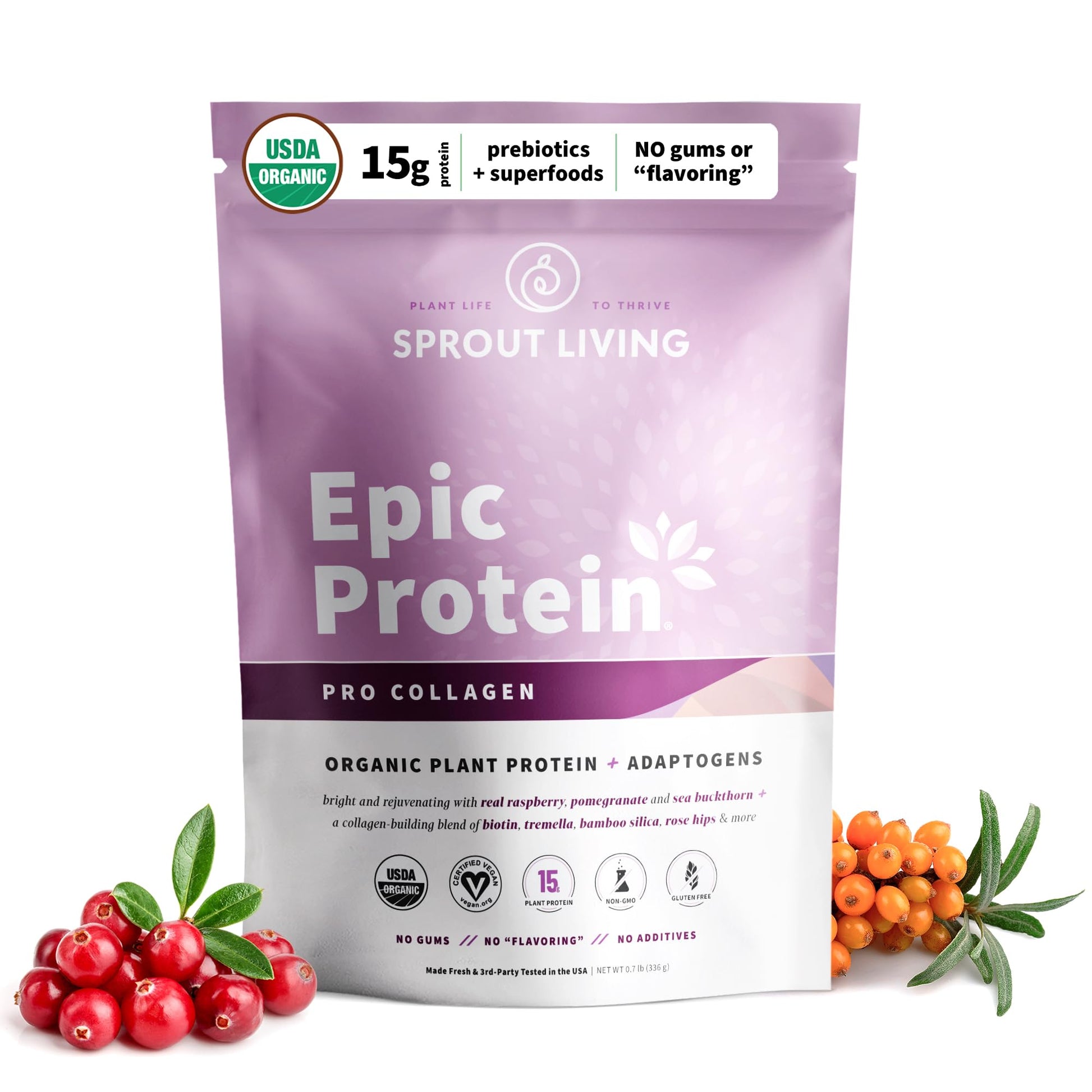 Sprout Living Epic Protein Plant Based Protein & Superfoods Powder Pro Collagen Berry 12.8 Ounce