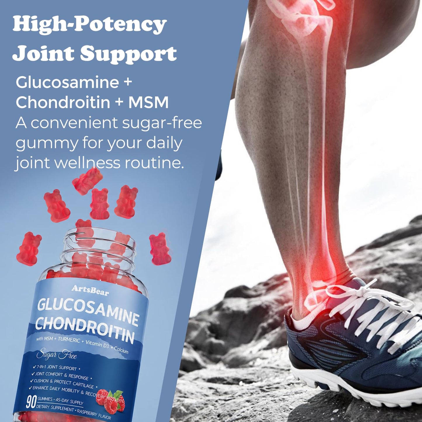 ArtsBear Glucosamine Chondroitin Gummies with MSM, Turmeric, Hyaluronic Acid & Vitamin D3-7-in-1 Joint Support, 90 Gummies