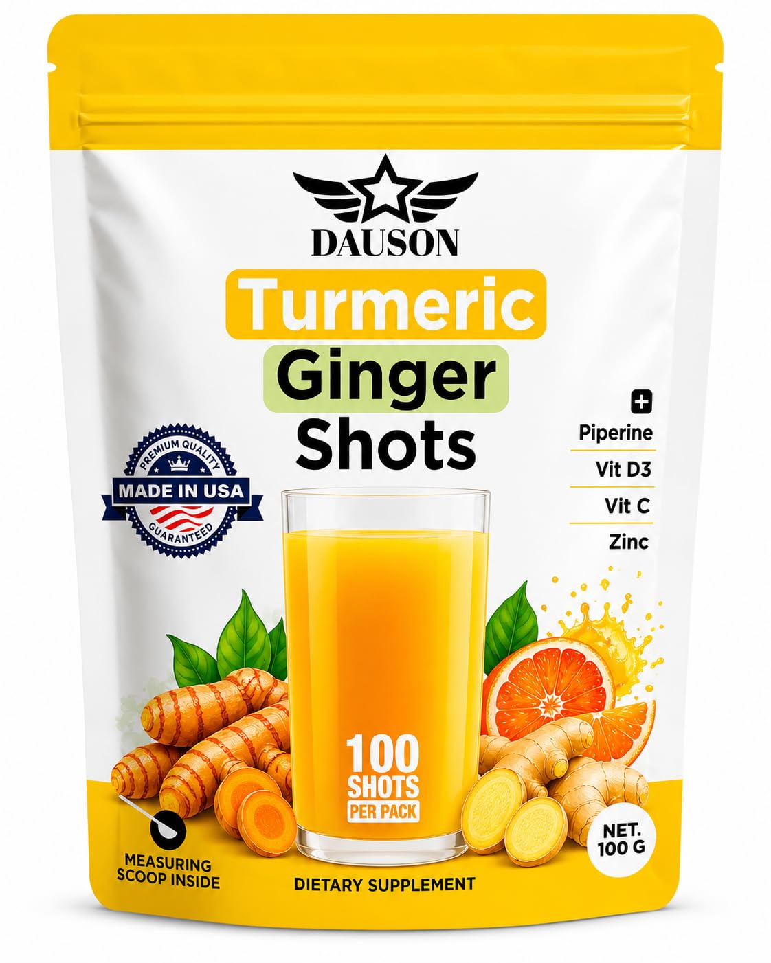 DAUSON Turmeric Shots for Joint Pain, Immune Boost, Gut Health Powder 100 Servings