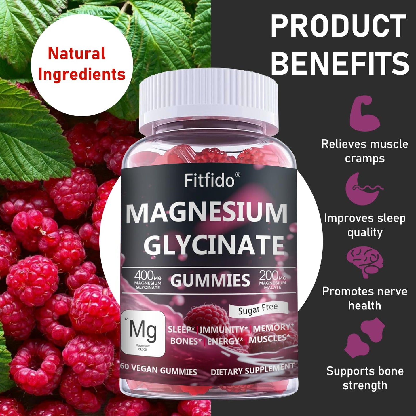 Fitfido Magnesium Glycinate Gummies 400mg, Sugar Free, 60 Count