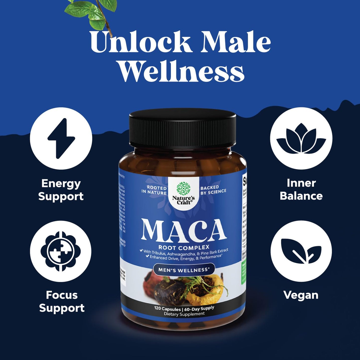 Natures Craft Potent Maca Root Capsules for Men with Ginseng 120 Count