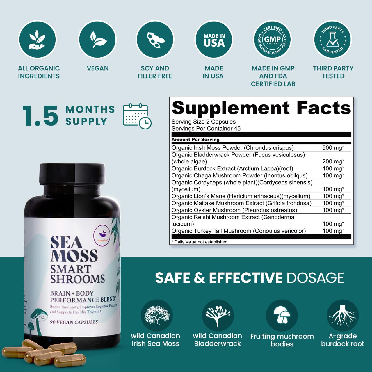HAPPY FOX Irish Sea Moss Capsules & Mushroom Complex - Organic Seamoss with Adaptogens for Brain Health, 1500mg, 90 Vegan Capsules
