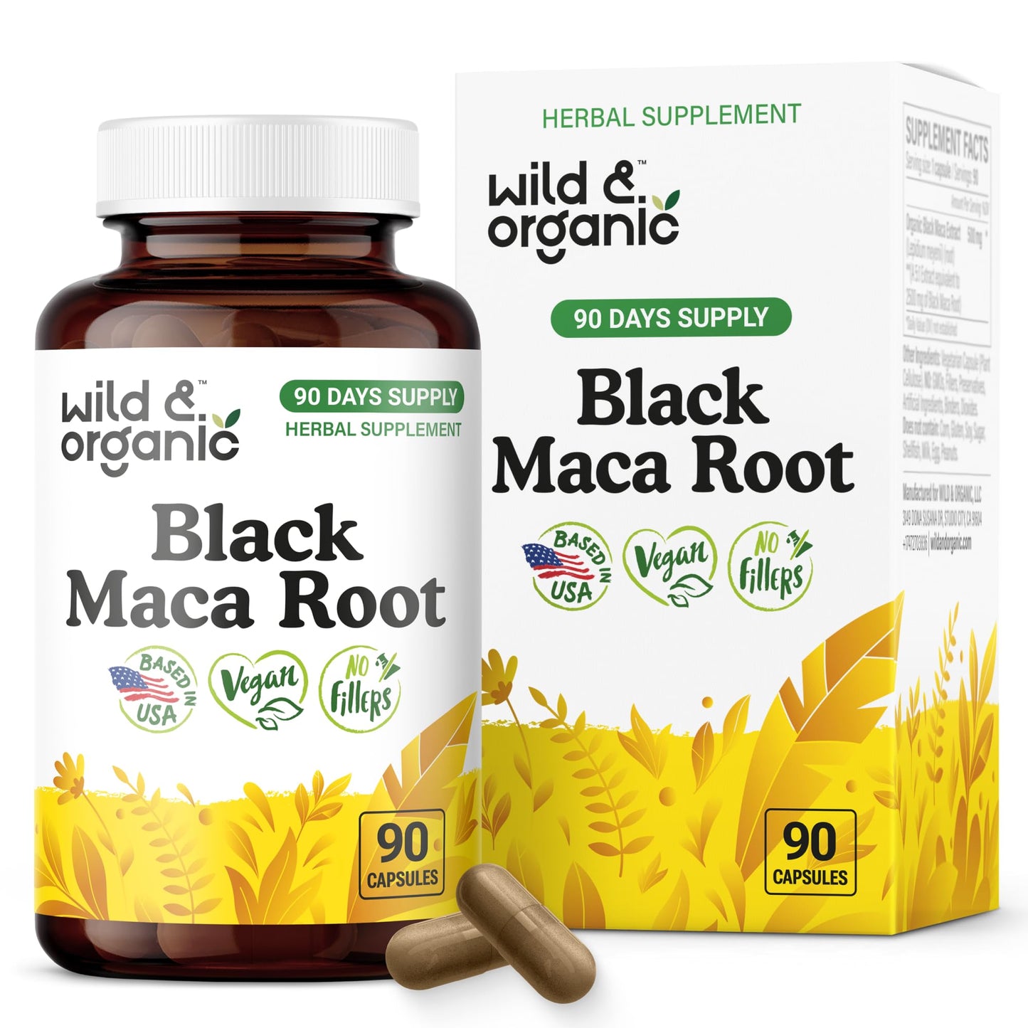 Wild & Organic Black Maca Root Capsules 500 mg, 90 Count