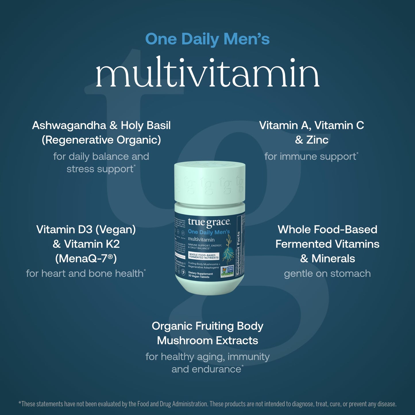 True Grace One Daily Men’s Multivitamin Tablet with Fermented Minerals, Organic Adaptogens & Mushrooms for Whole Body Balance, Immune, Endurance, Bone & Heart Support, Gluten Free, Non-GMO, 30 Tablets
