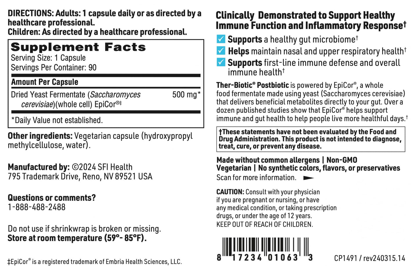 SFI Health EpiCor Immune Support Supplement with 500mg Saccharomyces Cerevisiae, 90 Capsules