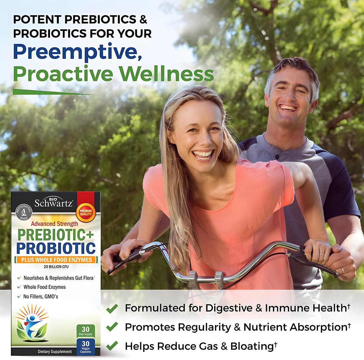 BioSchwartz Advanced Prebiotics and Probiotics for Women & Men, Immune, Digestive & Gut Health with L. Reuteri, Inulin Fiber, Digestive Enzymes, Non-GMO, Gluten-Free, Dairy-Free, 30 Capsules