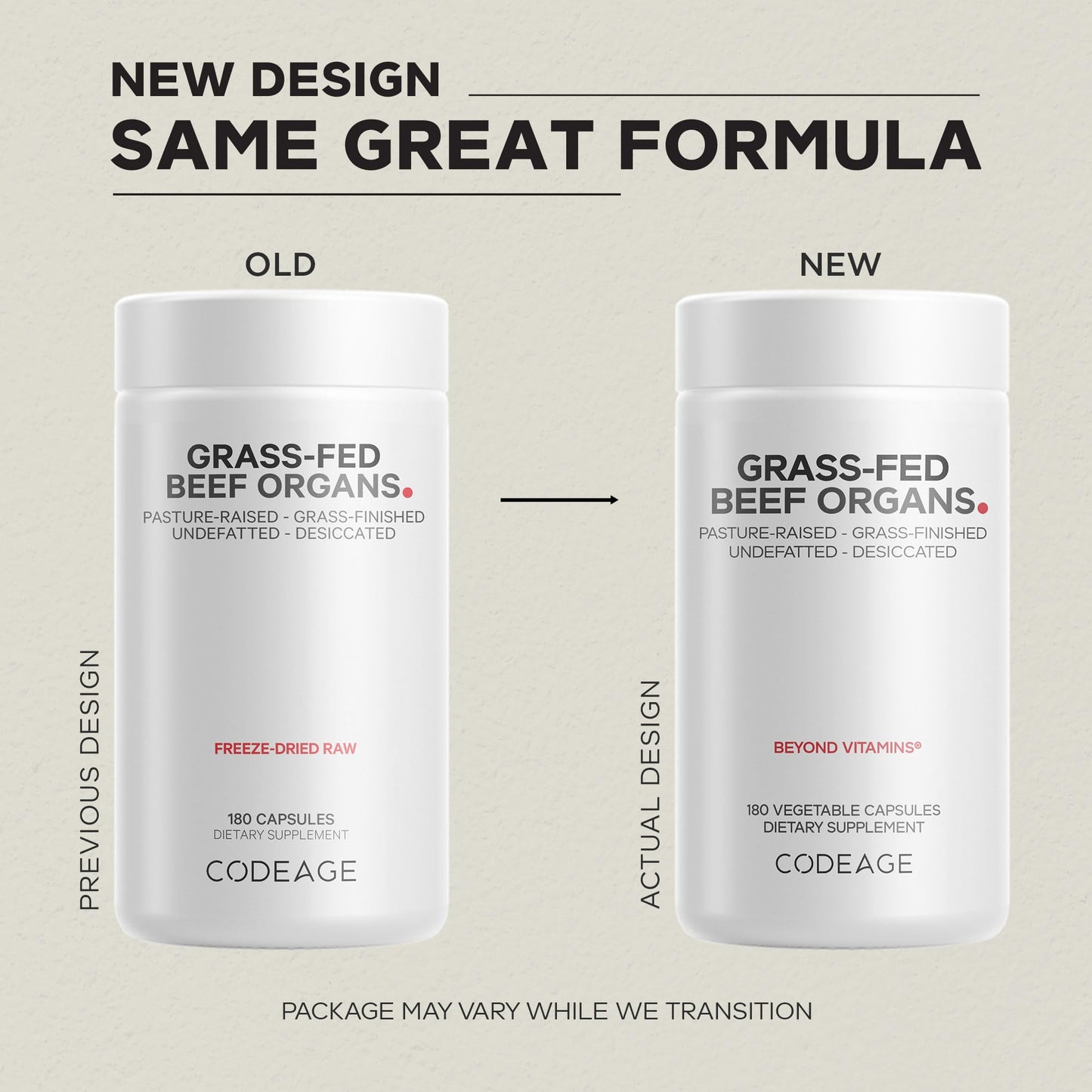 Codeage Grass Fed Beef Organs Supplement Capsules, 180 Capsules