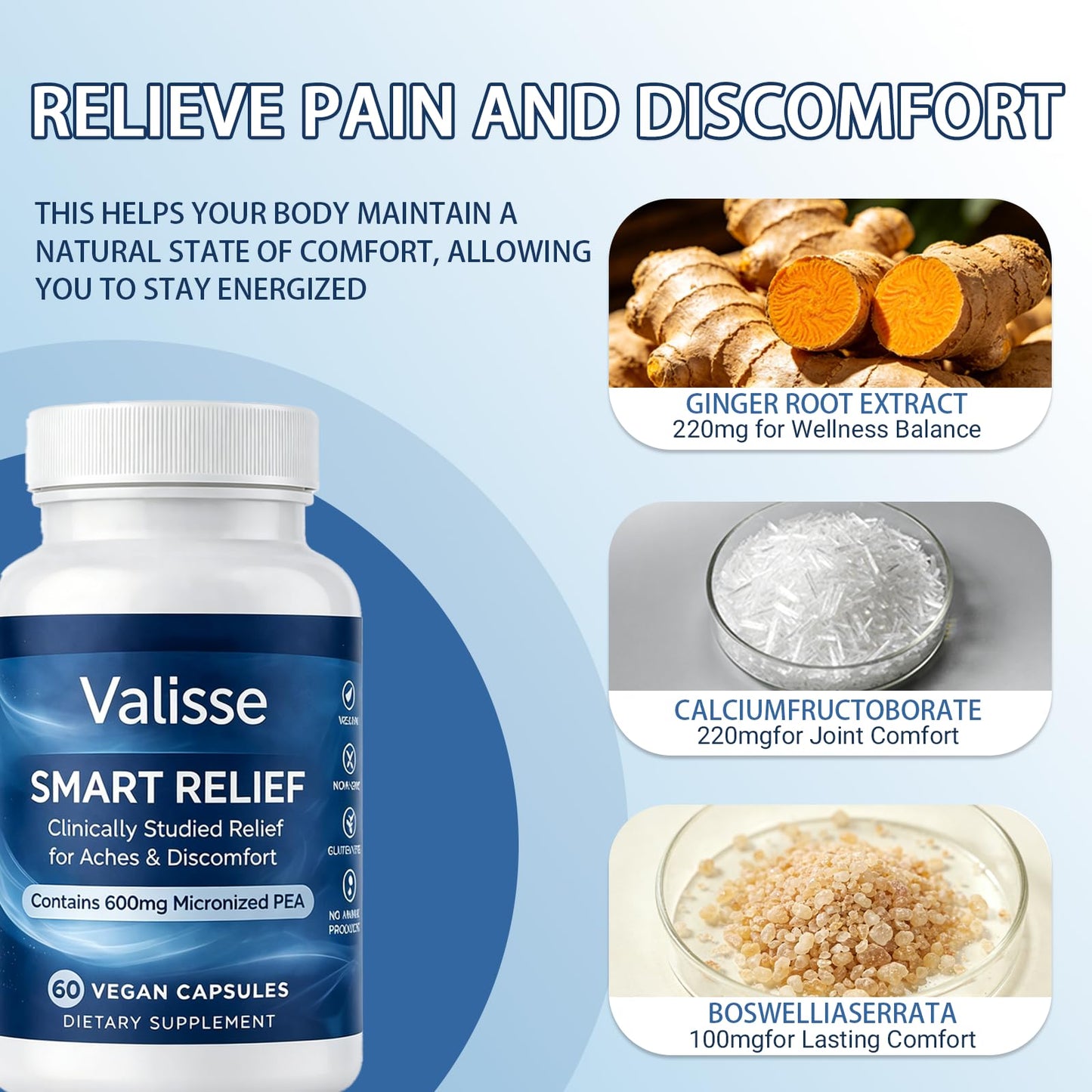 MeridEase Labs Valisse Smart Relief Micronized Pea Capsules, 60 Count