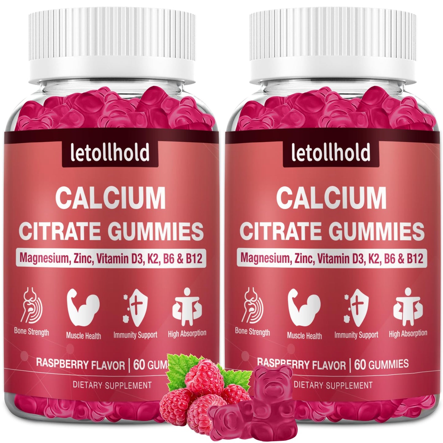 letollhold Calcium Citrate Gummies 1200mg Calcium with Magnesium, Zinc, Vitamin D3, K2, B6, B12 for Bone, Joints, Immune Support, 120 Gummies
