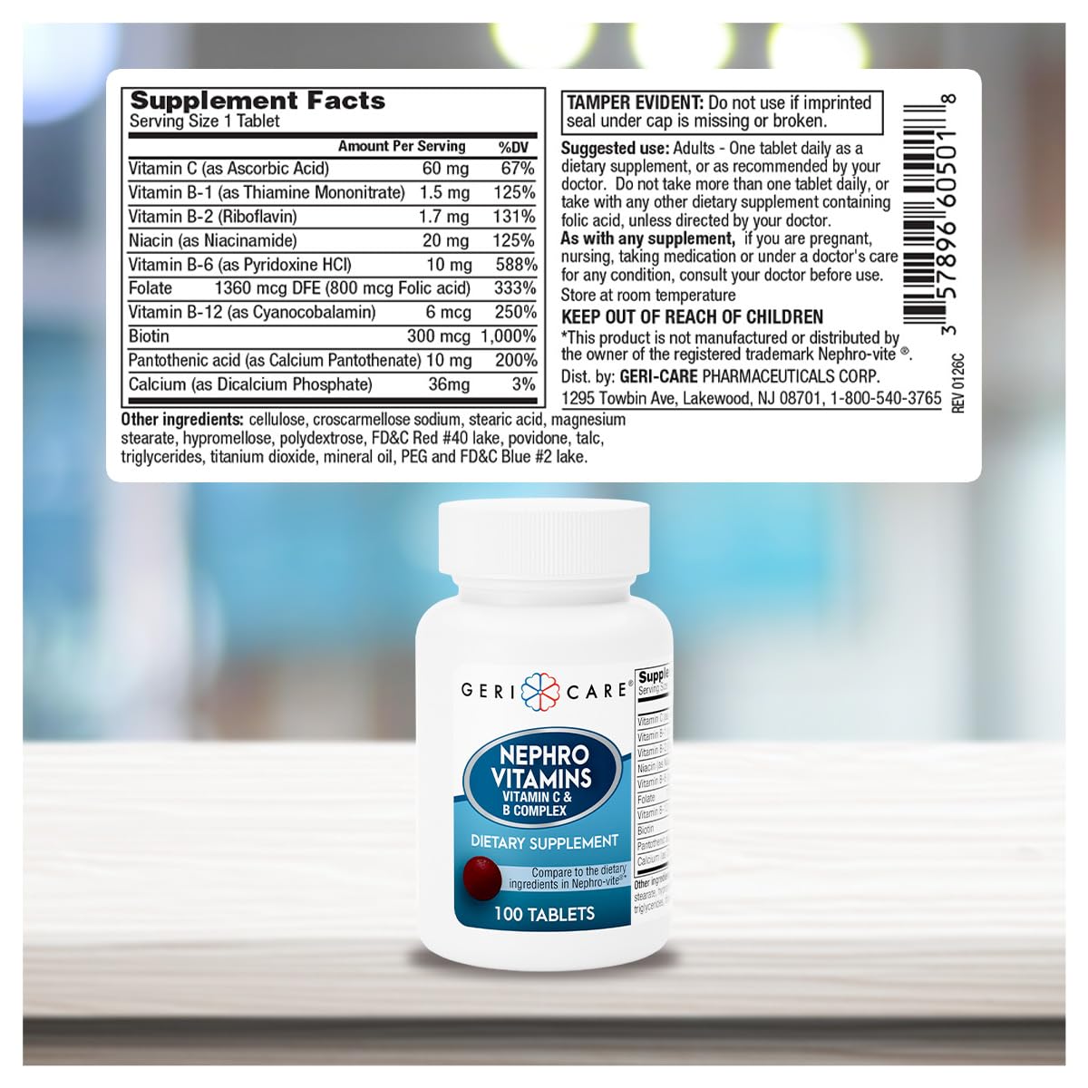 GeriCare Nephro Vitamin C & B Complex Tablets, 100 Count