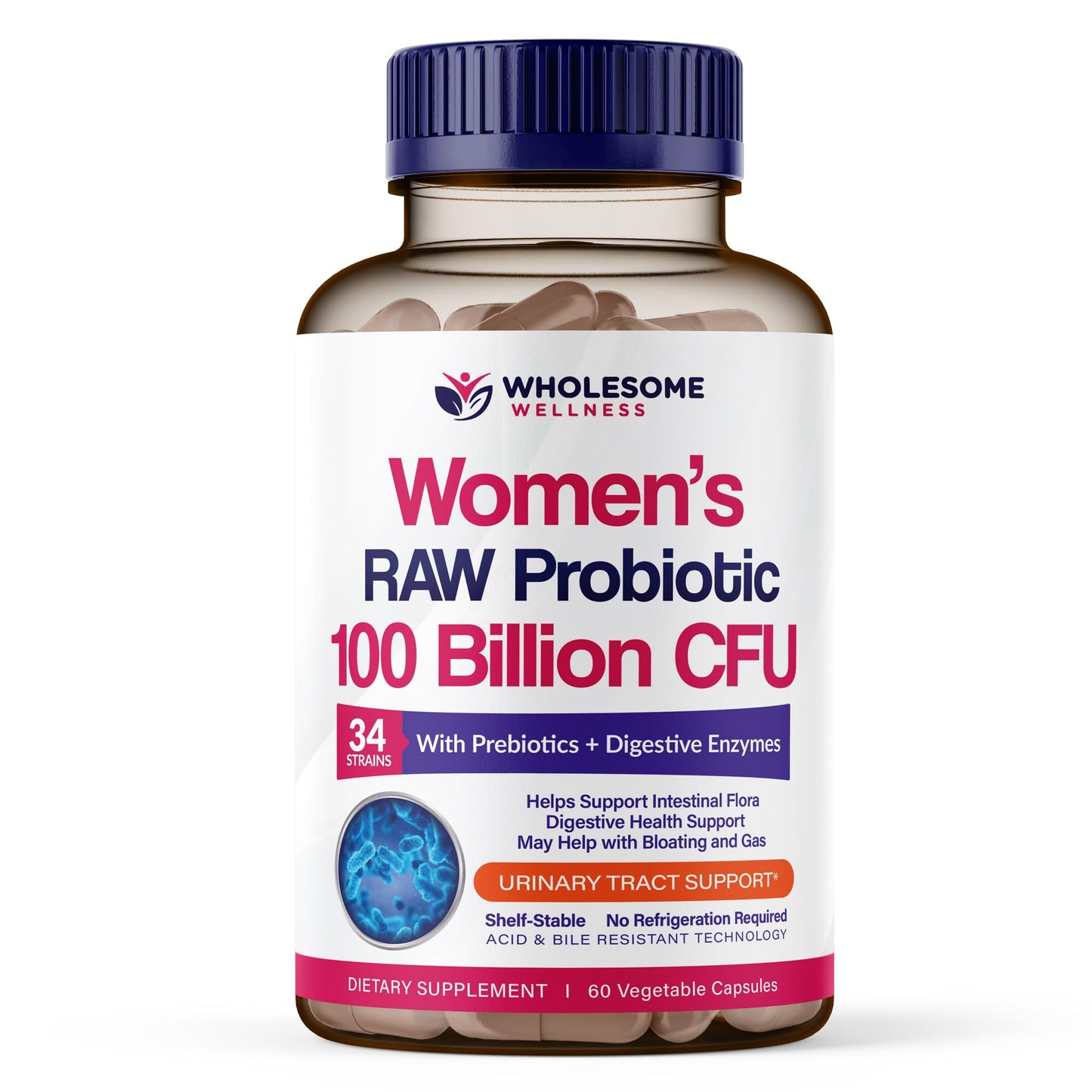 Wholesome Wellness Dr. Formulated Raw Probiotics for Women 100 Billion CFUs Capsules with Prebiotics, Digestive Enzymes, Approved for Adults, Shelf Stable Supplement, 60 Capsules
