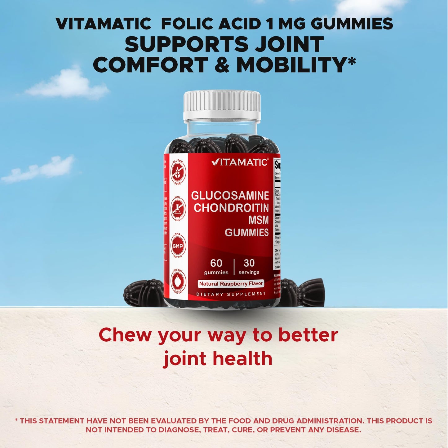 Vitamatic Glucosamine Chondroitin Gummies with MSM & Vitamin E – Joint Support Formula, 60 Gummies