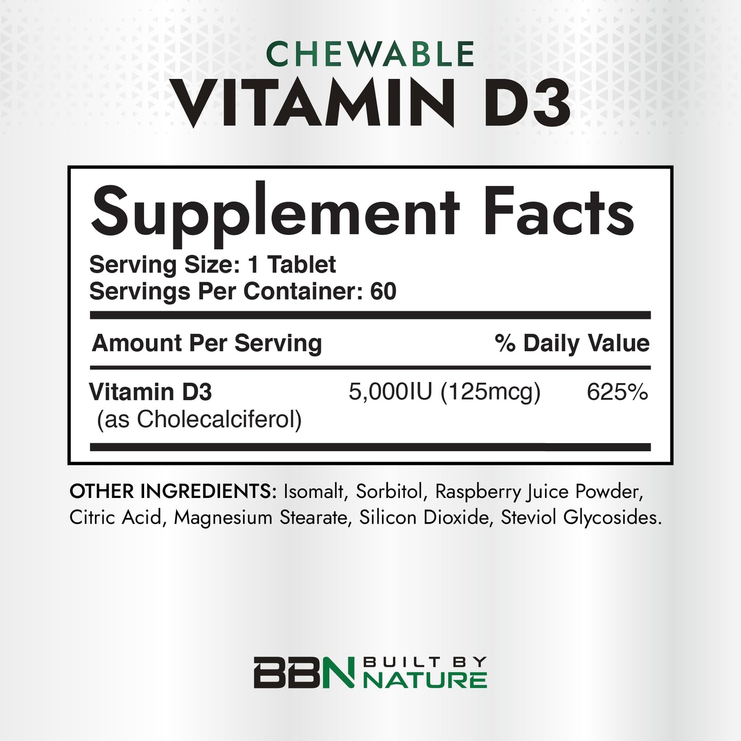 Built by Nature Vitamin D3 5000 IU Chewable, 60 Tablets