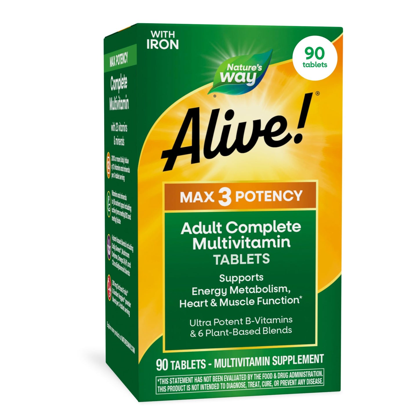 Nature's Way Alive! Max3 Potency Daily Multivitamin with Iron Tablets, 90 Count