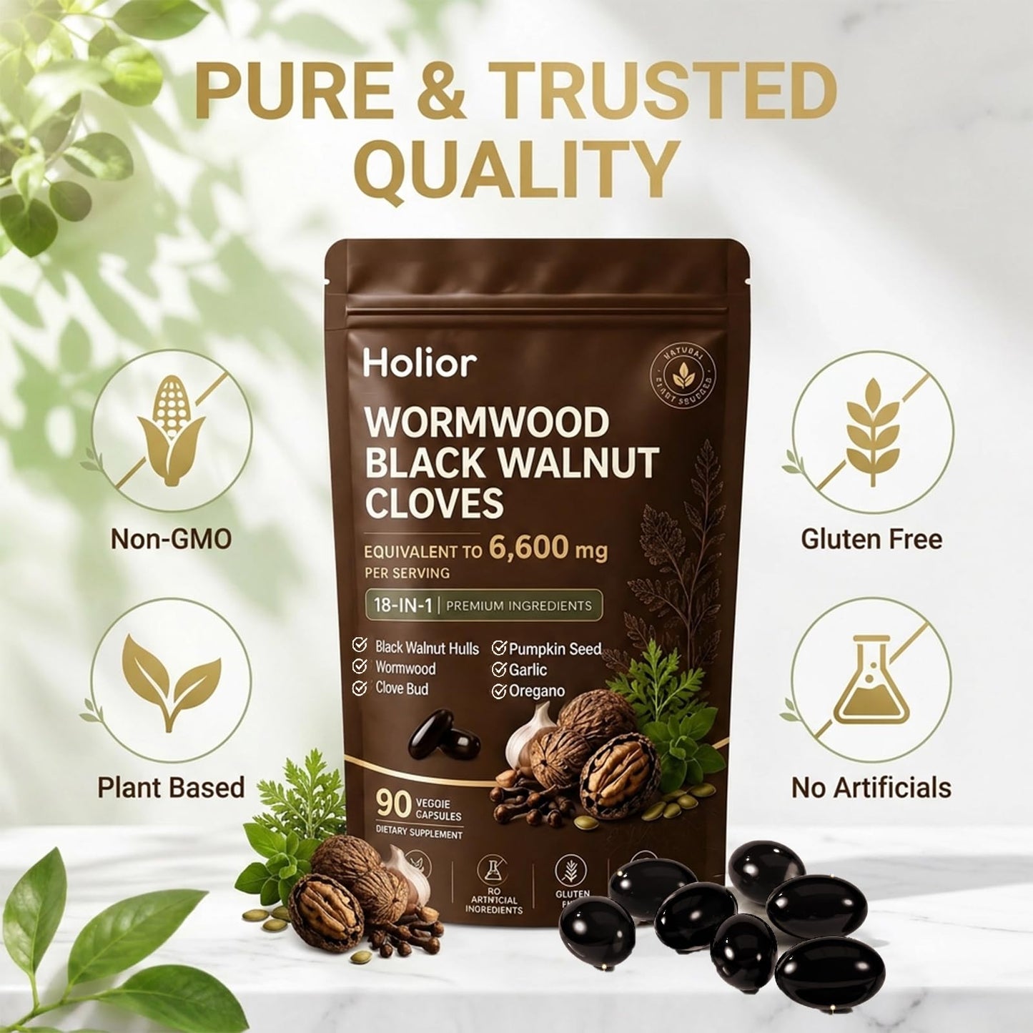 Fly Cleanse Holior Wormwood Black Walnut Cloves, 18-in-1 Herbal Formula, Digestive & Gut Balance Support Capsule, 1 Count