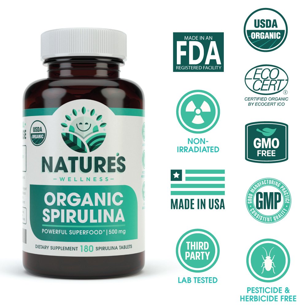Natures Wellness USDA Organic Spirulina Tablets 180 Count