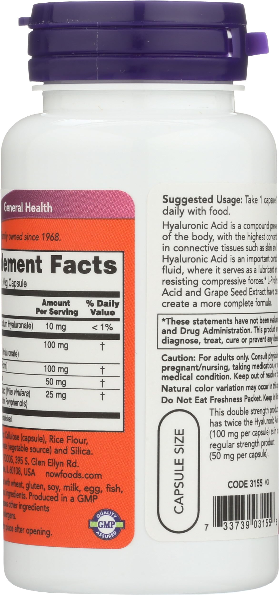 NOW Foods Hyaluronic Acid 100 mg Capsule, 60 Count