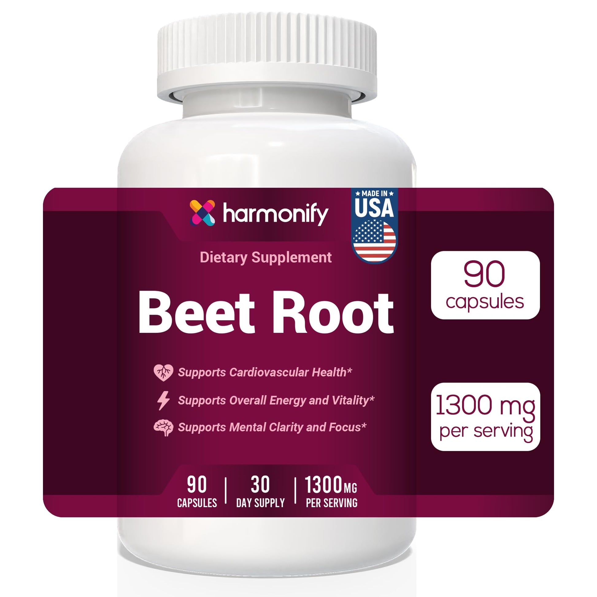 HARMONIFY Beet Root Capsules, Pure Beetroot Powder 1300 mg, Circulation Support Supplement, Vegan, Non-GMO, Gluten-Free, 90 Capsules