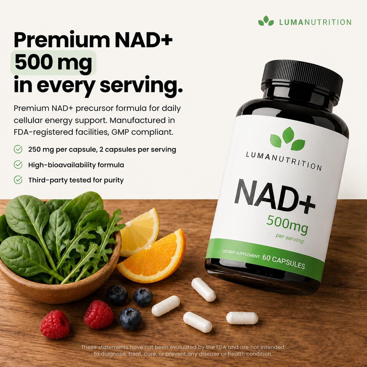 Luma Nutrition NAD+ Supplement 500mg per Serving (250mg per Capsule) 60 Capsules