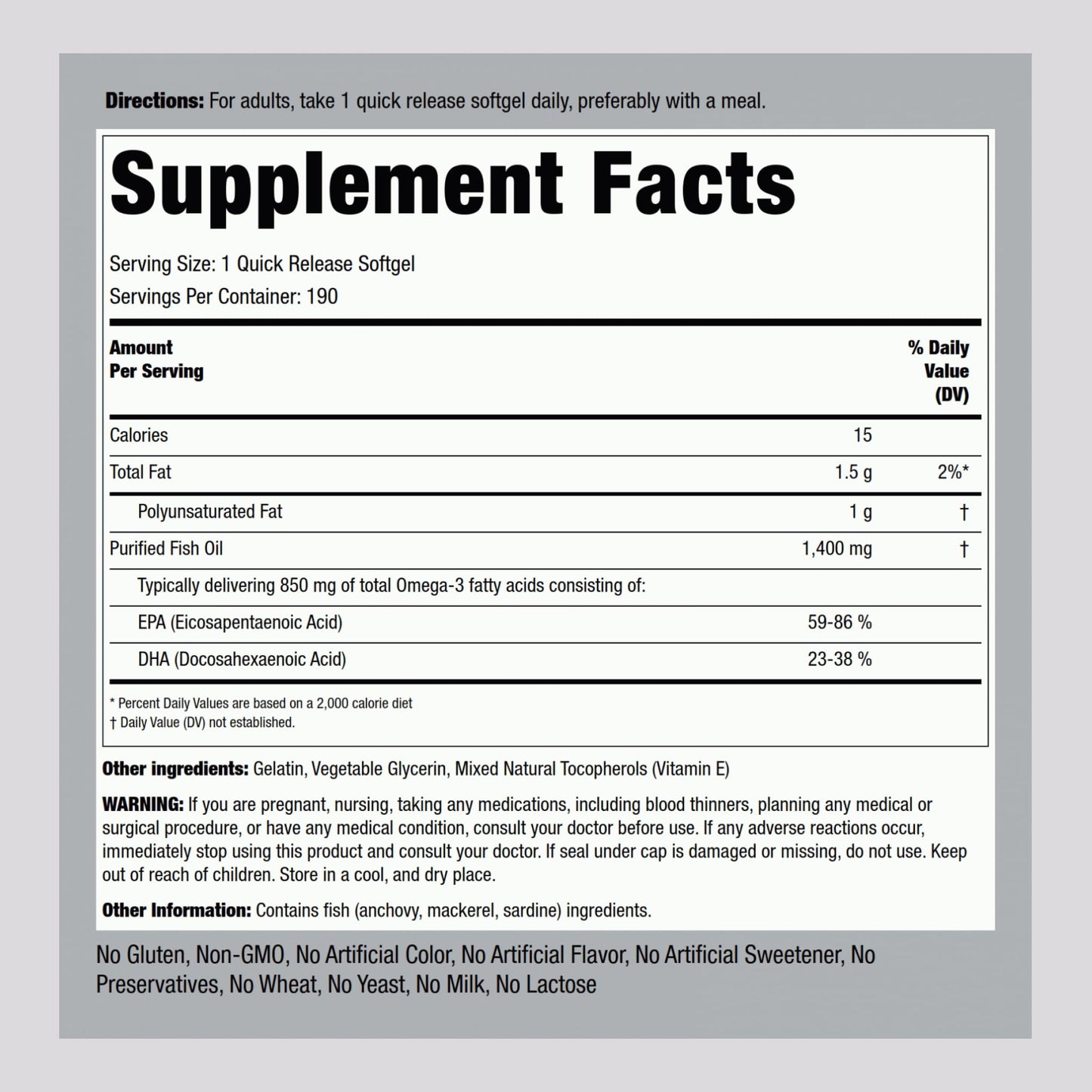 Piping Rock Fish Oil Omega 3 Softgels 190