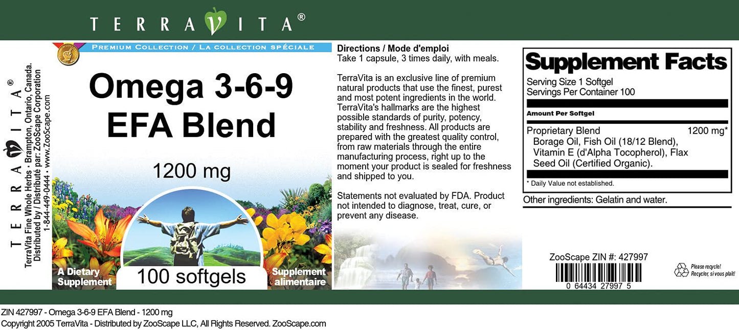 Terravita Omega 3-6-9 EFA Blend - 1200 mg Softgels, 100 Count