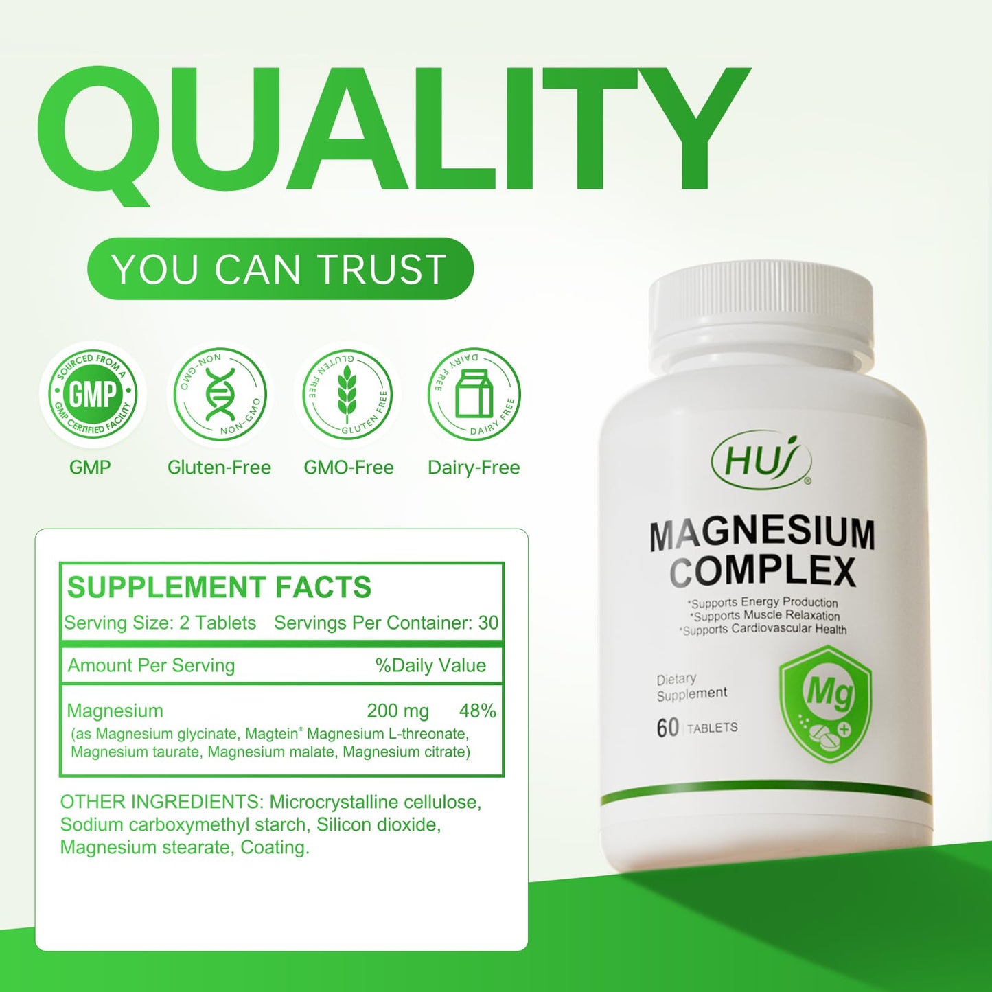 HUJ Magnesium Complex Supplement - Five Types of Magnesium - Supports Energy Production, Muscle Relaxation & Cardiovascular Health, 60 Tablets