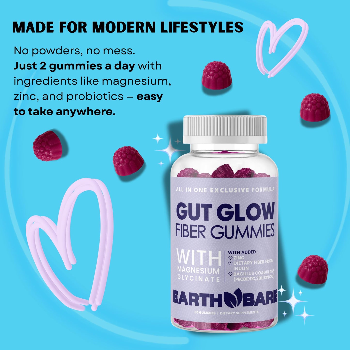 Earth Bare Gut Glow Fiber Gummies 60 Gummies