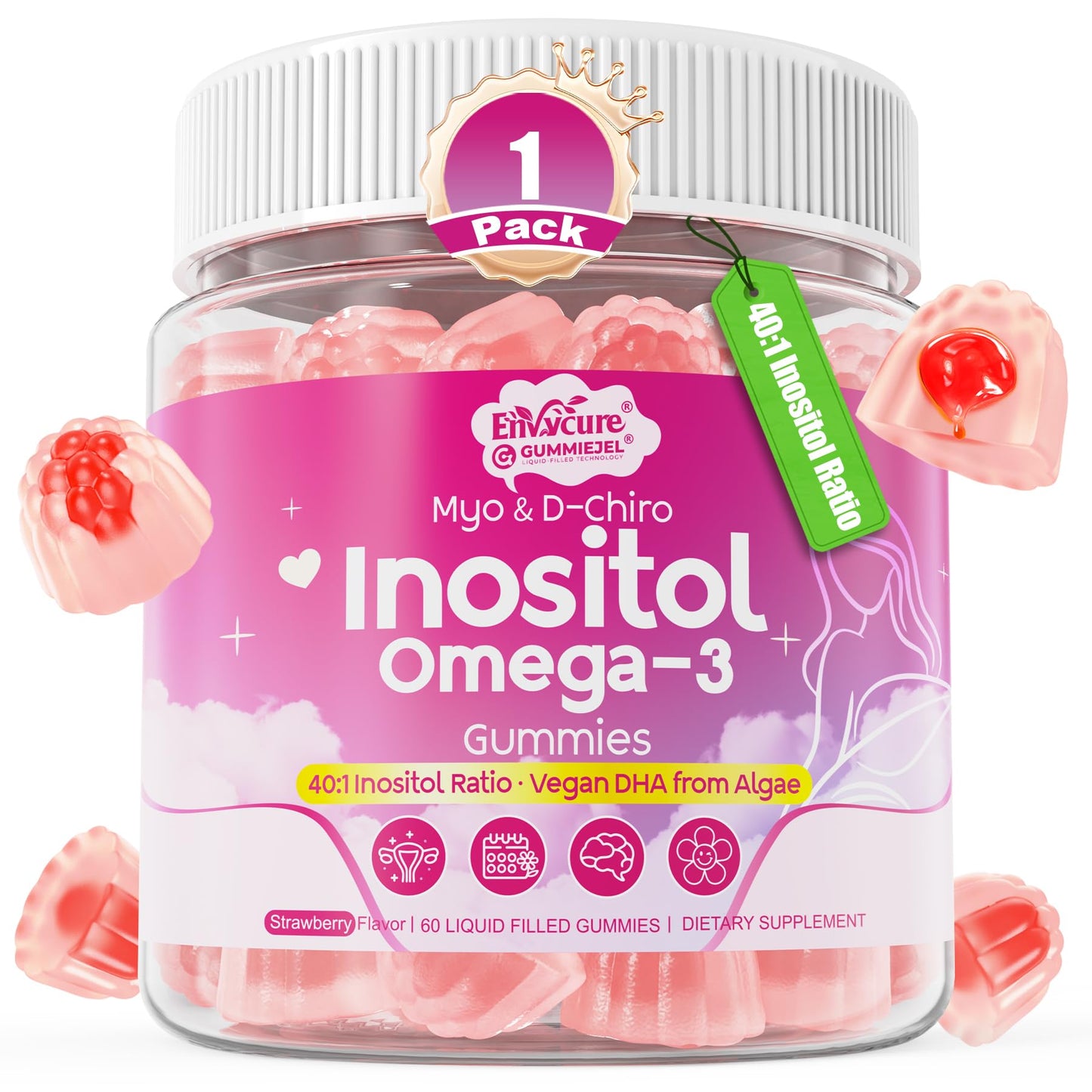 EnvyCure Myo-Inositol & D-Chiro Ideal 40:1 Inositol + Omega-3 (3:1) Gummies, 60 Count