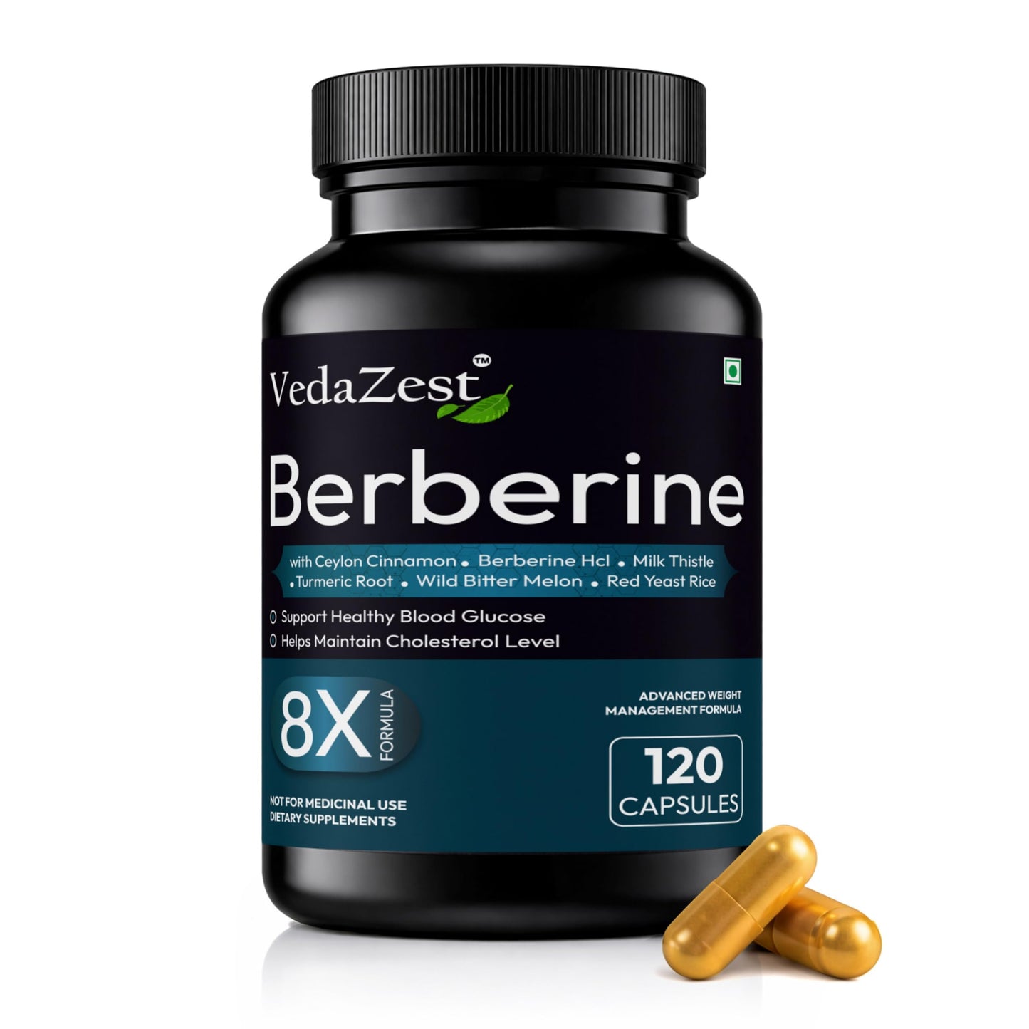 Vedazest Berberine 120 Vegetarian Capsules with Ceylon, Milk Thistle, Turmeric Root, Wild Bitter Melon and Red Yeast Rice, 1 Capsule