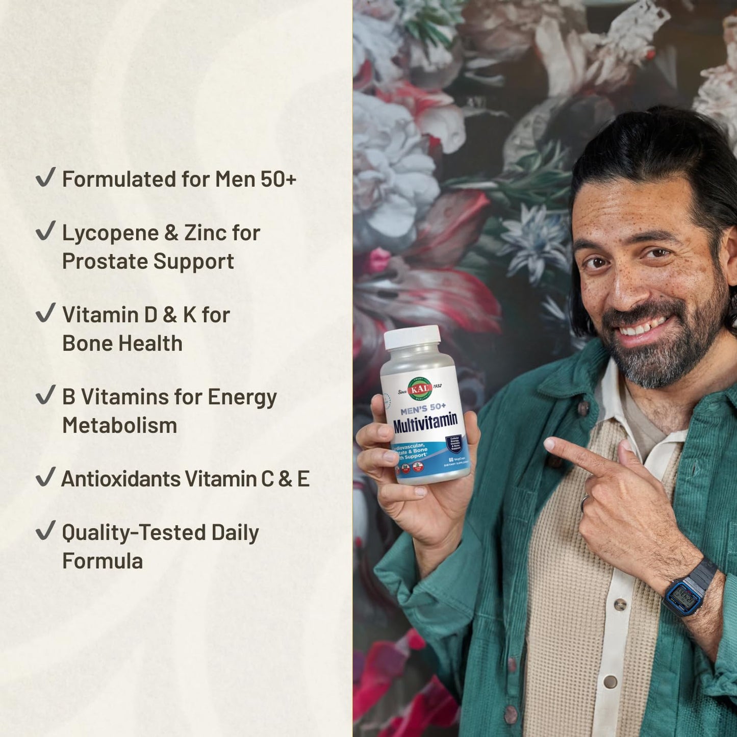 KAL Men's 50 Plus Multivitamin – Heart Health & Prostate Support, 60 VegCaps
