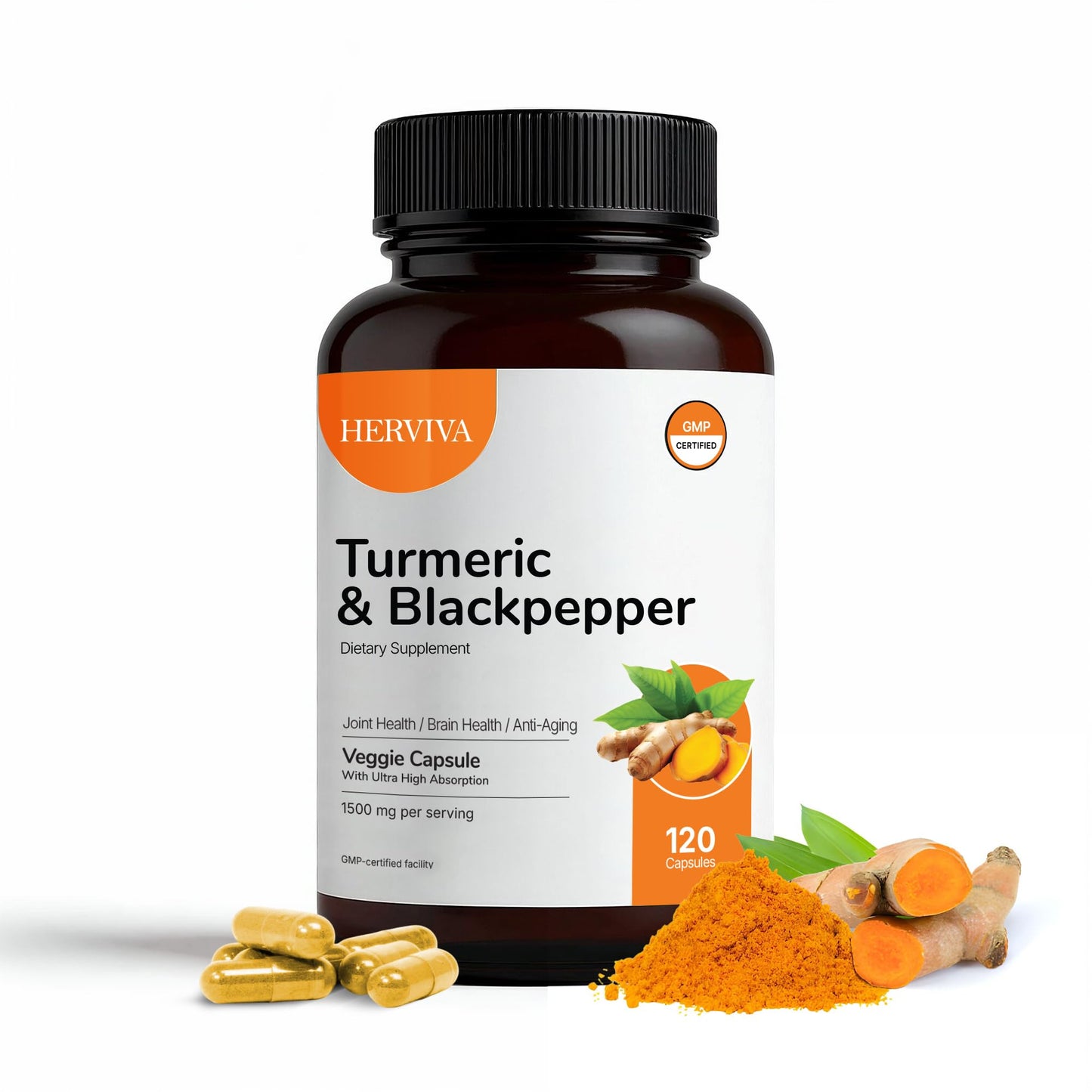 HERVIVA Turmeric Curcumin 1500mg with Black Pepper 5mg – High Potency Capsules, Non-GMO, Gluten-Free, 120 Count
