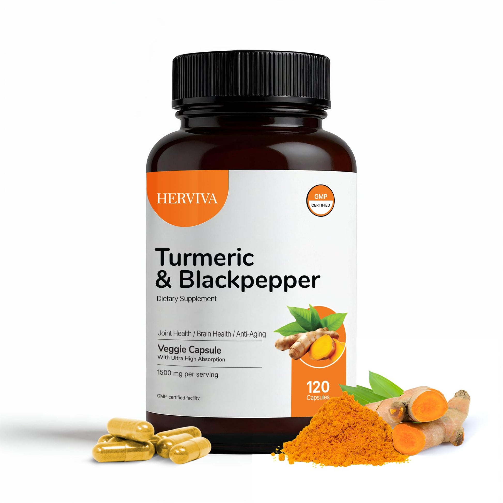 HERVIVA Turmeric Curcumin 1500mg with Black Pepper 5mg – High Potency Capsules, Non-GMO, Gluten-Free, 120 Count