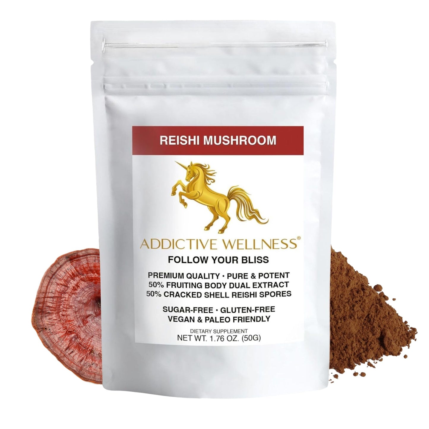 Addictive Wellness Reishi Mushroom Extract Powder + Spores (50/50 Blend) Wood Grown Pure & Potent Wildcrafted Ganoderma, 1.76 oz