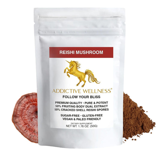 Addictive Wellness Reishi Mushroom Extract Powder + Spores (50/50 Blend) Wood Grown Pure & Potent Wildcrafted Ganoderma, 1.76 oz