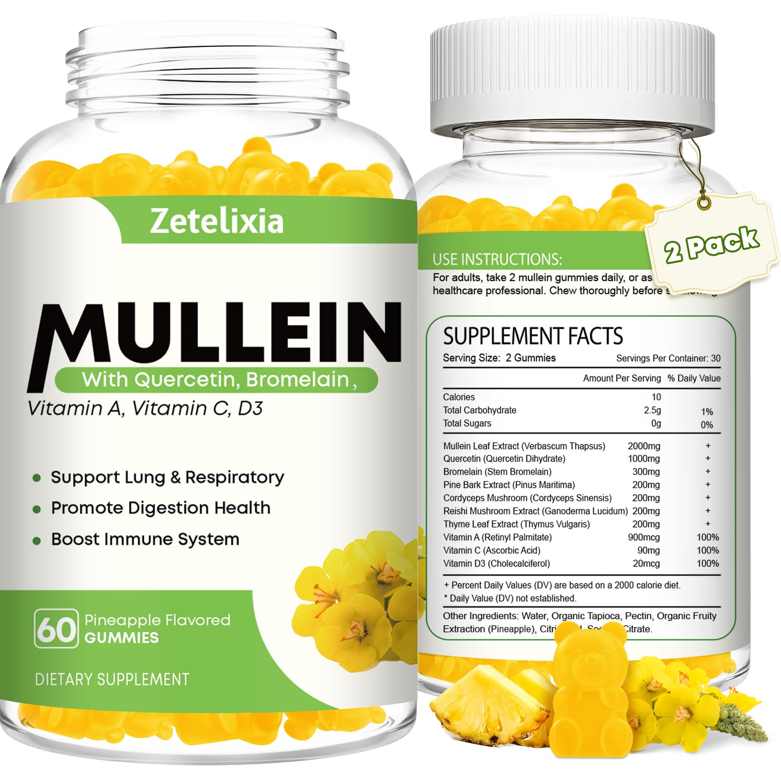 Zetelixia Mullein Gummies for Clear Lungs, 10 in 1 Mullein Leaf Extract for Lungs, Mullein Quercetin Gummies, Pineapple Flavor, 120 Gummies