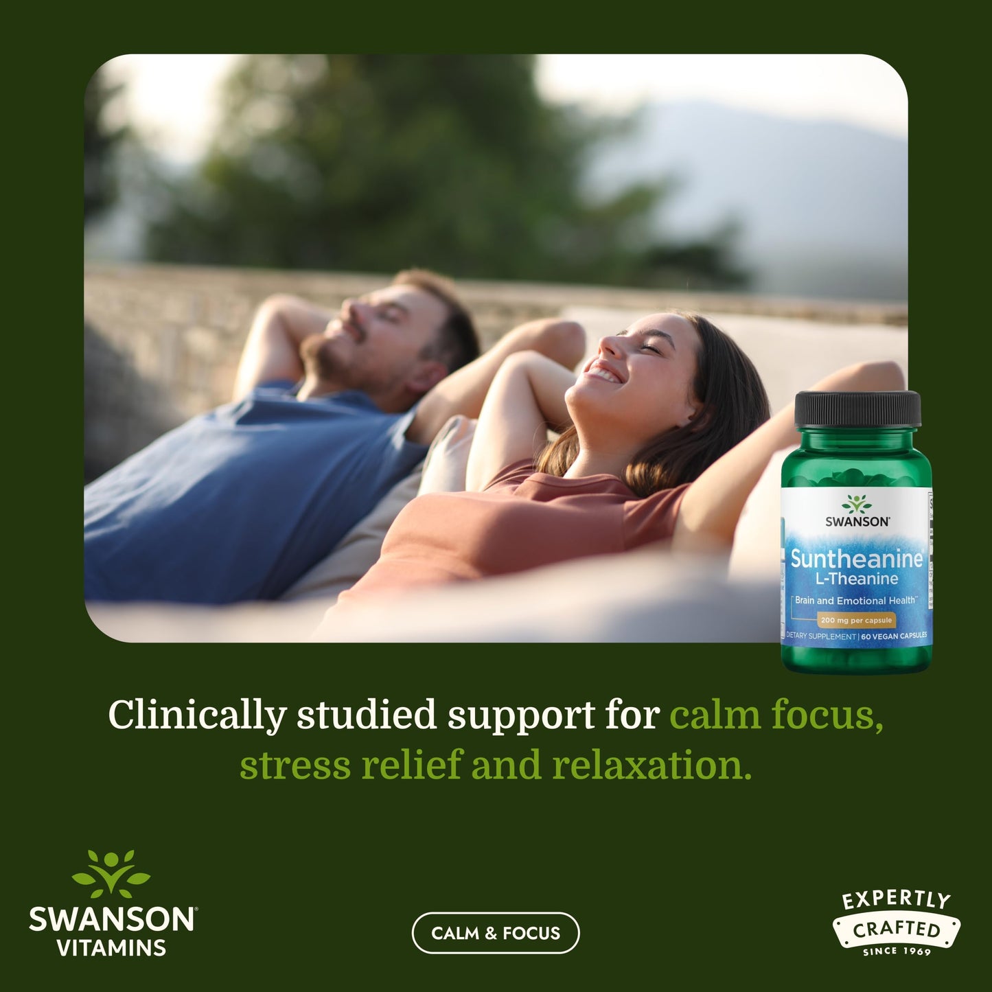 Swanson Suntheanine L-Theanine Calm and Focus Supplement for Stress-Prone Professionals Seeking Balanced Wellbeing, 200 mg, 60 Veggie Capsules