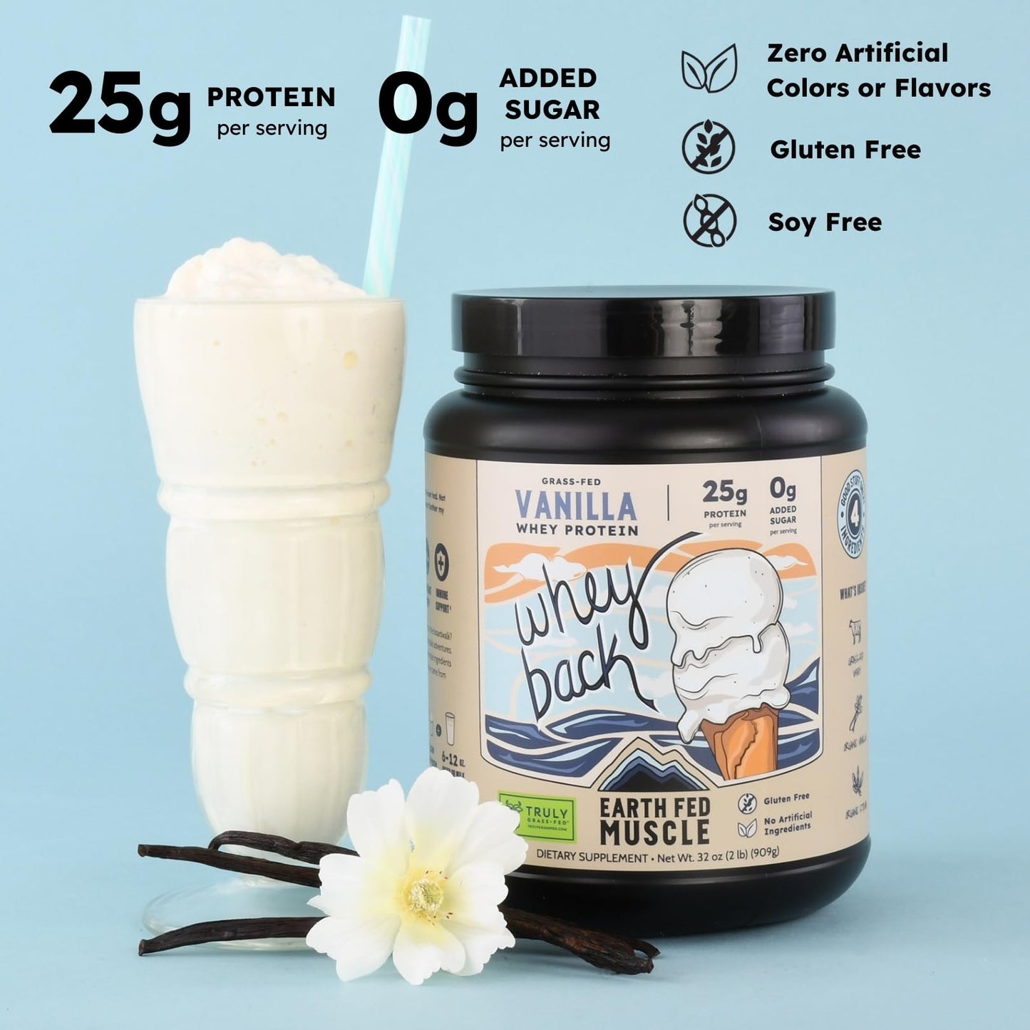 Earth Fed Muscle Whey Protein Isolate Powder Vanilla Irish Grass Fed 32