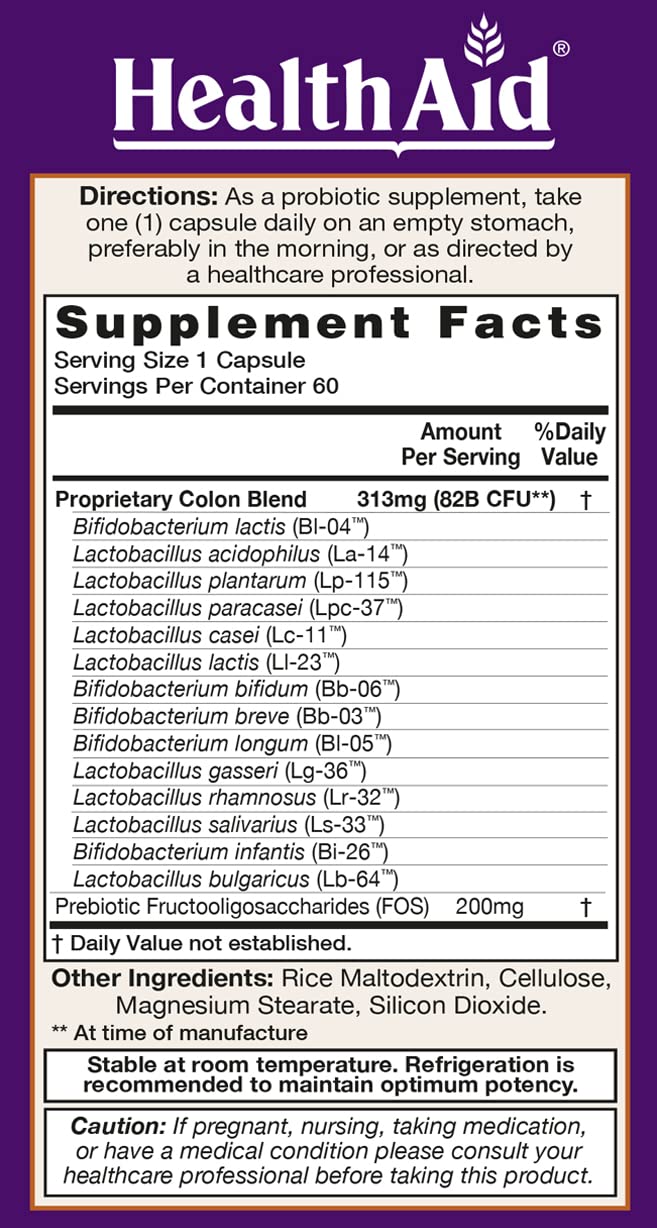 HealthAid ColonProbio 82 Billion with Prebiotic, 14 Strains, 60 Capsules