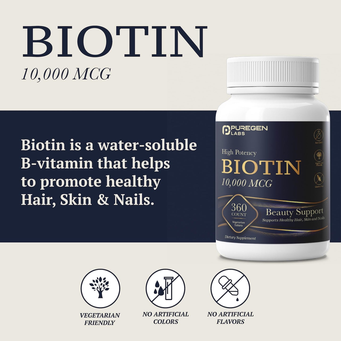 Puregen Labs Biotin 10,000 MCG Supports Healthy Hair, Skin & Nails - High Potency Beauty Support - Non-GMO, Gluten Free, 360 Tablets