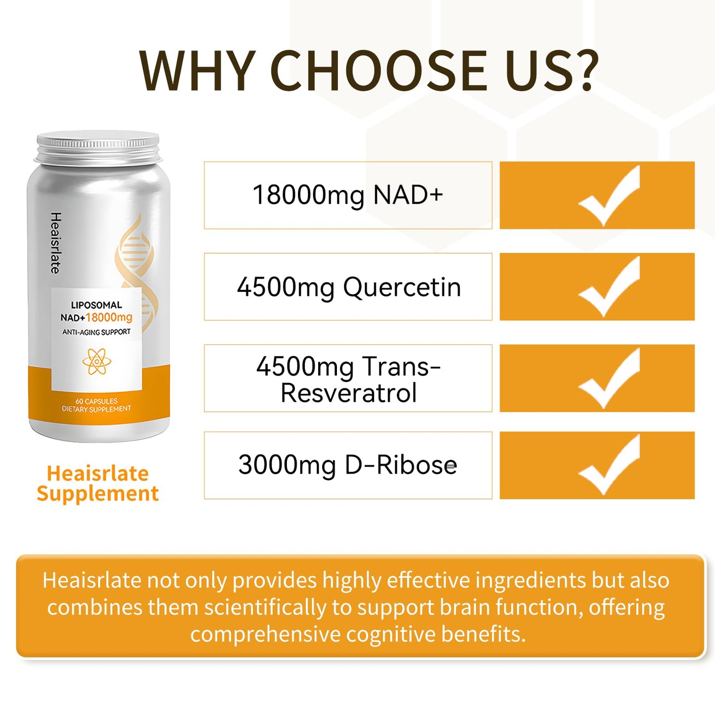 Heaisrlate NAD+ Supplement 600mg with Quercetin & Resveratrol - Liposomal NAD Booster for Cellular Energy, Anti-Aging Support - D-Ribose Enhanced Formula - Vegan, Non-GMO, 3rd Party Tested, 60 Capsules