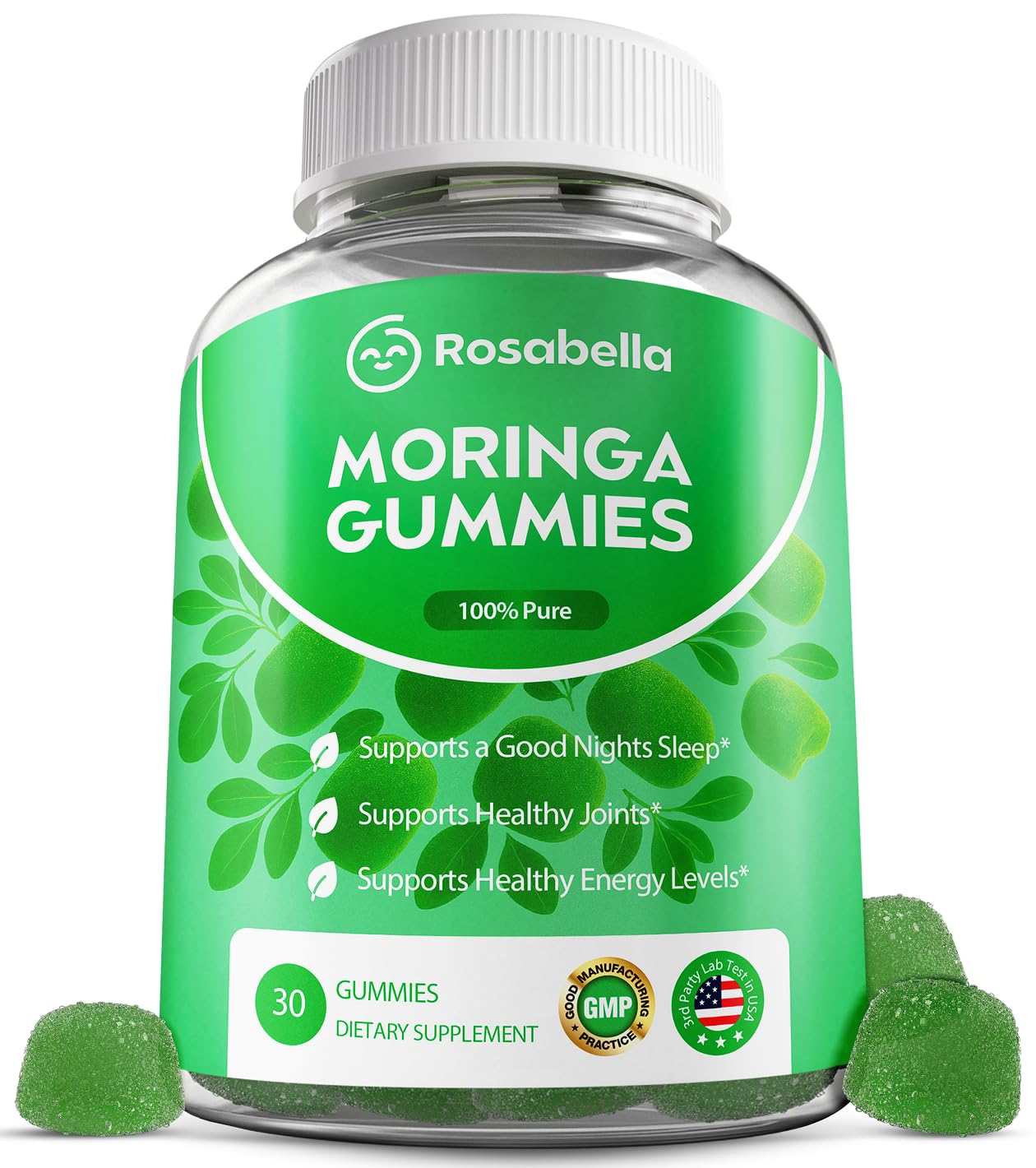 Rosabella Moringa Gummies Moringa Leaf Extract 1000mg Equivalent Per Serving, Natural Energy & Balance, Non-GMO, Gluten-Free, 30 Count
