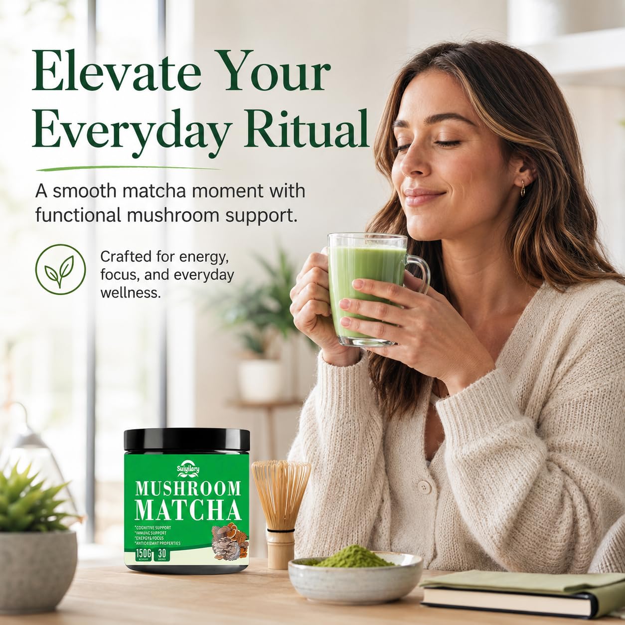 Suiyilary Mushroom Matcha Ceremonial Tea Powder with 7 Superfood Mushrooms, Gluten Free, 5.29 oz