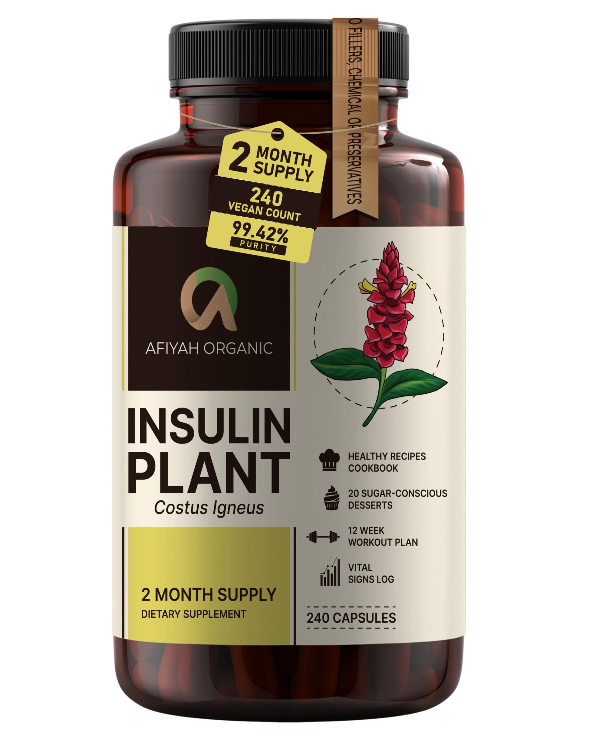 Afiyah Organic Costus Igneus (Insulin Plant) Capsules, 240 Count