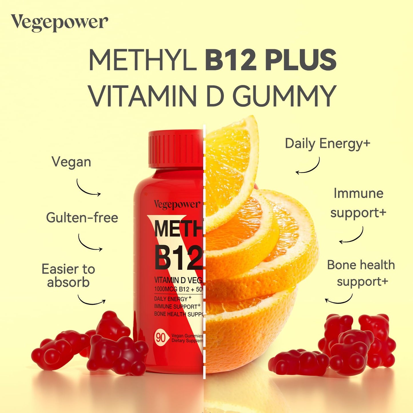 VEGEPOWER Vegan Vitamin D3 & B12 Gummies, 90 Count